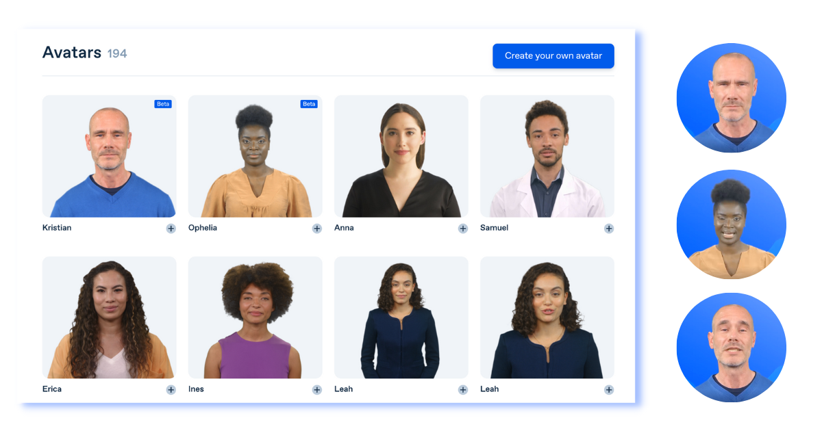 8 der 194 KI Avatare von Synthesia: Kristian, Ophelia, Anna, Samuel, Erica, Ines und Leah in zwei Frames